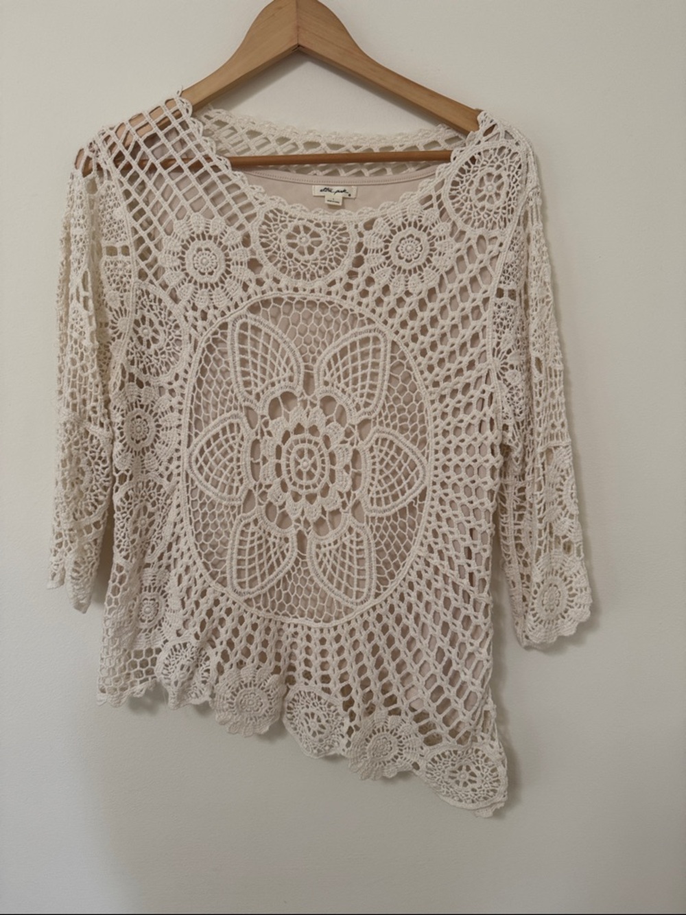 Ultra Pink Cream Crochet Openwork Boatneck Top